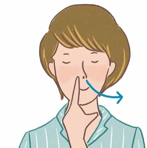 左手人さし指で右鼻を押さえる