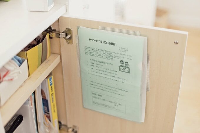 扉裏にクリアファイルをテープでとめ、差し込み式のプリント置き場を作成した様子