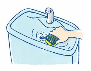 【翌日】水受けをスポンジでこする