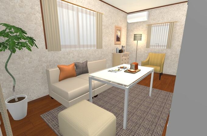 同じ部屋、同じ大きさの家具でも、色の違いだけでイメージが大きく変わる