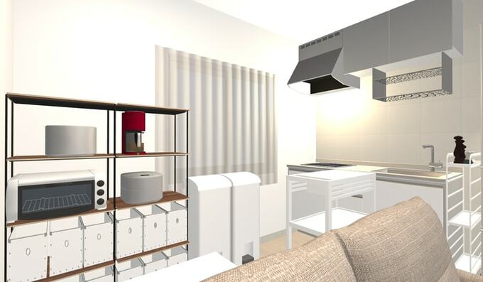 大き目のオープンシェルフにファイルボックスを並べて、食材のストックなどを隠して収納