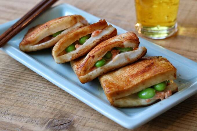 鮭と枝豆のはんぺんバター焼き