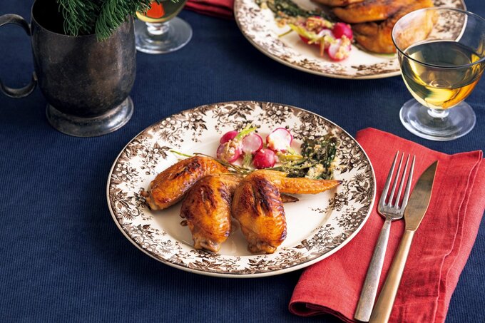 手羽先のジンジャー照り焼きラディッシュのパン粉焼き添え