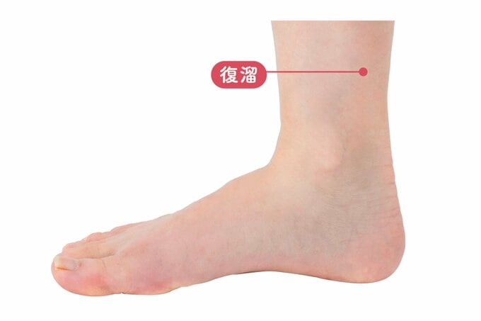 復溜（ツボ）の位置をあらわした足の写真