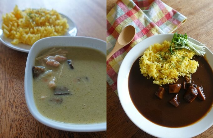 器に盛ったスパイシービーフカレーとグリーンカレー