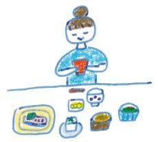 女性が汁物のお椀を持っているイラスト
