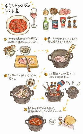 翌日さらにおいしくなる「チキンとシメジのトマト煮」。パンやワイン、ご飯のお供に