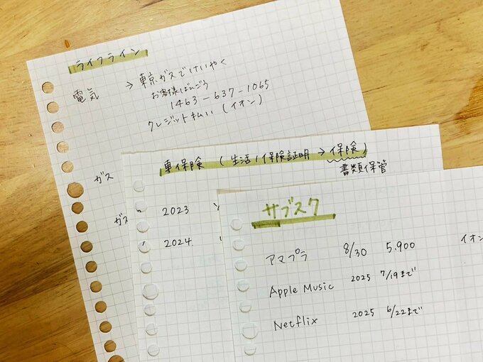 カテゴリー分けして記入したルーズリーフ