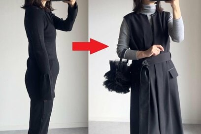 40代、ユニクロ「2990円タートルネック」で“やせ見え”コーデ。二の腕、ぽっこりお腹をカバー