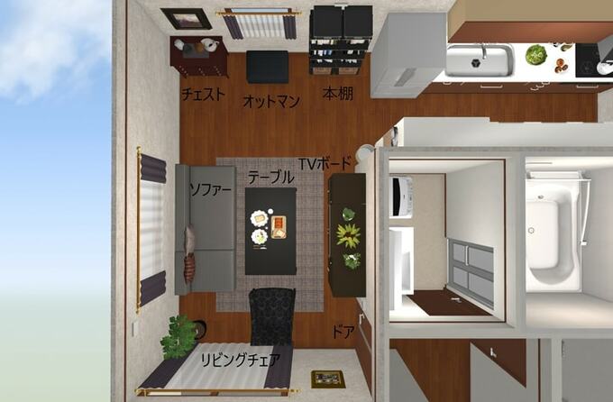 色の濃い高級感のある家具でレイアウトしたリビングダイニング