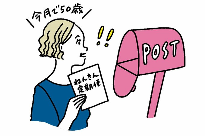 ポストからねんきん定期便の書類を取り出す女性のイラスト