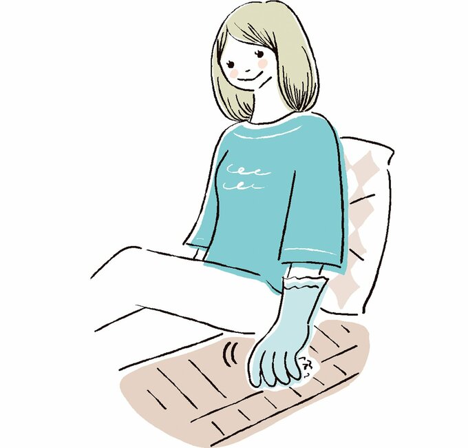 ゴム手袋でカーペットをなでる女性のイラスト