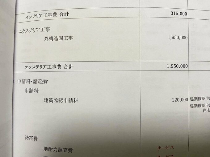 ハウスメーカーの費用明細書