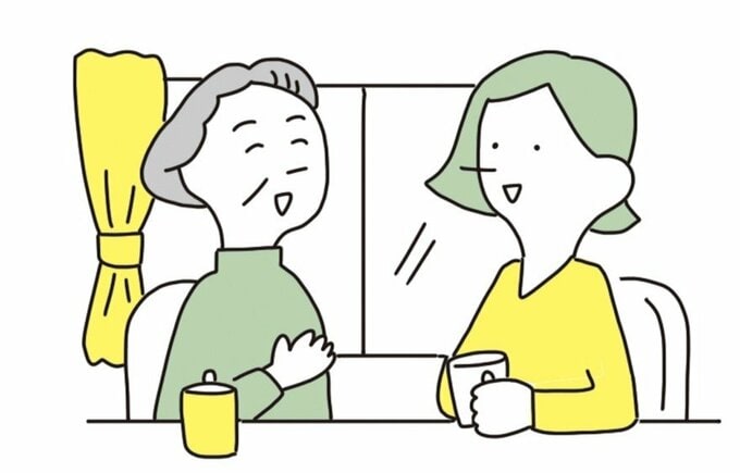 お茶を飲みながら話をする親子のイラスト