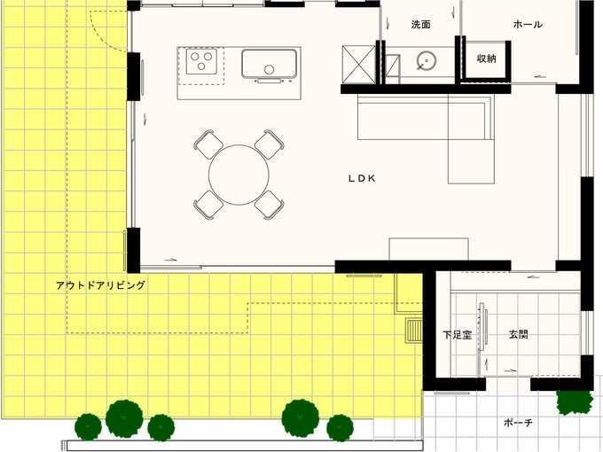 Ｌ字に連続するアウトドアリビング