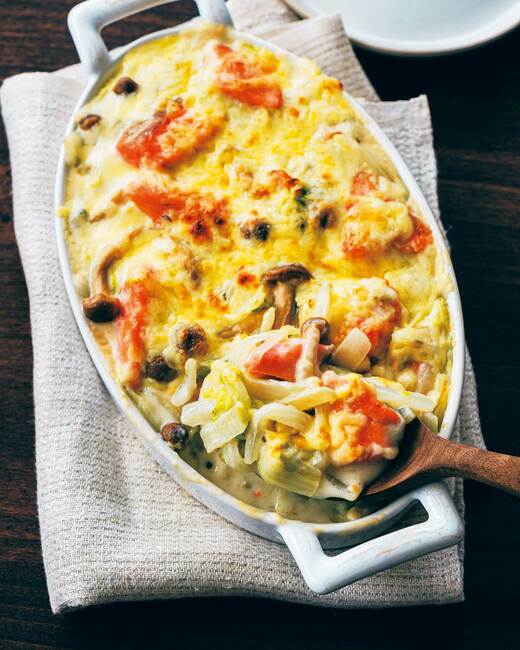 白菜と塩鮭のクリームみそグラタン