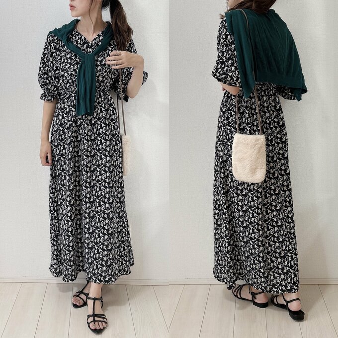 リーフ柄プリントワンピースコーデ