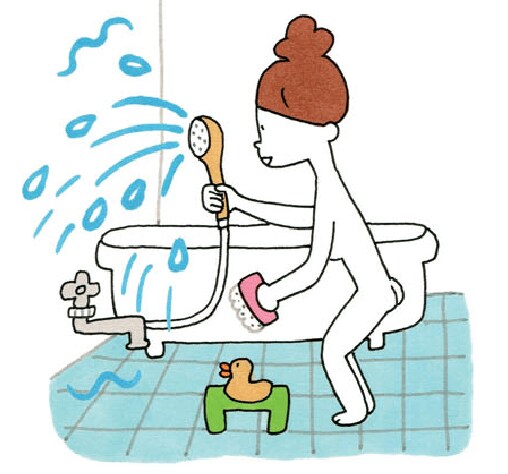 湯になるまでのシャワーで浴室の壁と床を掃除