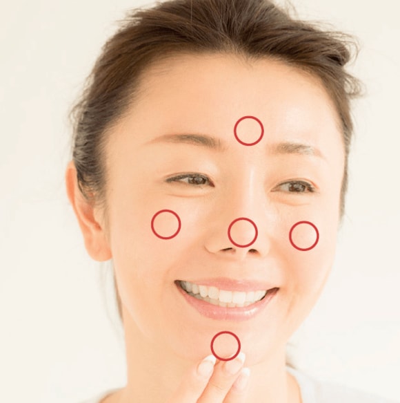 顔の5か所に 分けて置く