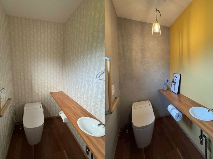 住宅デザインの仕事での事例。トイレの壁紙を変えるだけで印象が激変。左：Before　右：After（写真提供：HIBARI HOME 原山工務店）