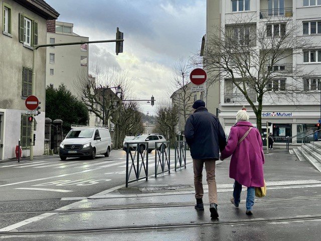 街中を手をつないで歩く夫婦の後ろ姿