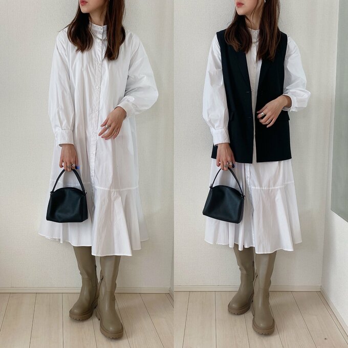 ふんわりワンピもジレで着やせ