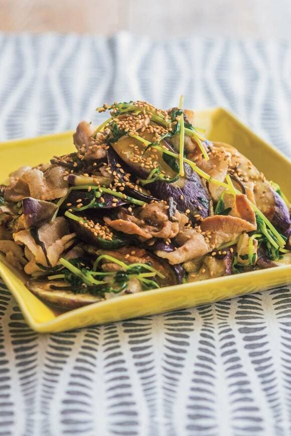 豚肉、ナス、豆苗の重ね蒸し