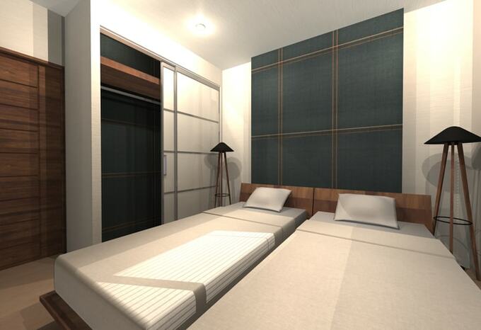 間接照明、フロアスタンド、アクセントクロスで寝室の印象が変わる