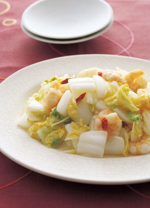 白菜とエビのジンジャー甘酢炒め