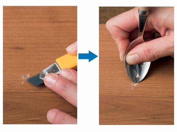 カッターとスプーンで傷の凸凹をならす