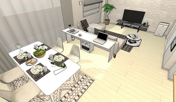 テレワーク用のテーブルの高さが、ソファの背の高さを越えないことがポイント