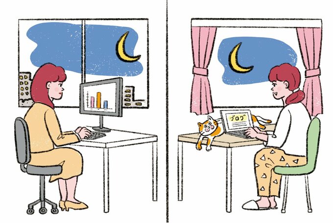 残業か副業かイラスト