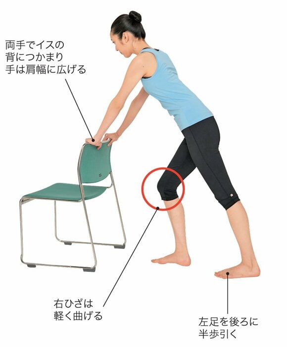 イスの背につかまり左足を後ろに引く