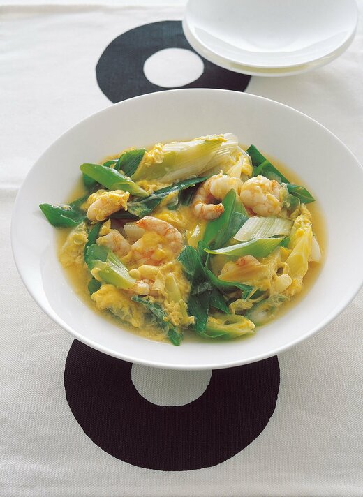 長ネギとエビの卵とじ