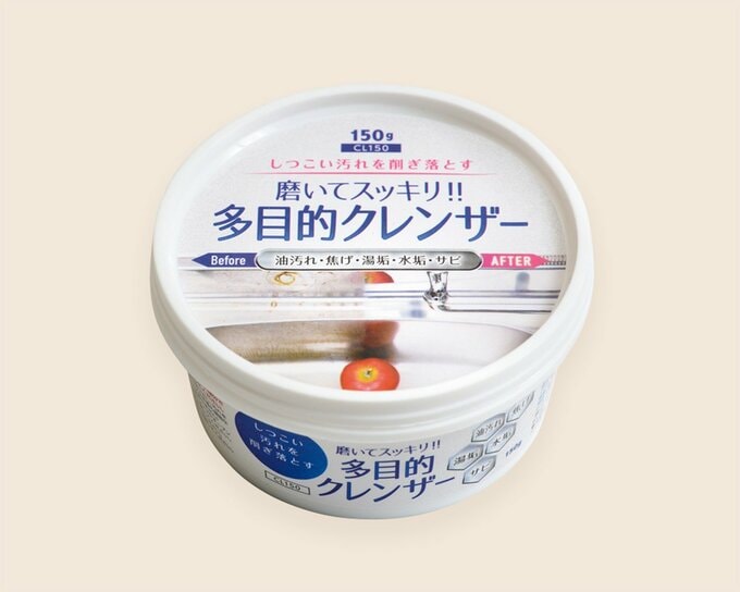 白い円形の容器に入った多目的クレンザー