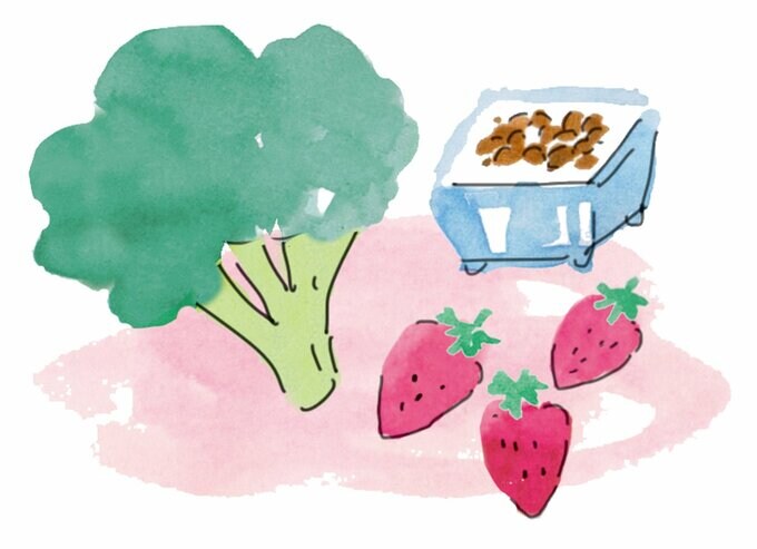 ブロッコリーといちごと納豆のイラスト