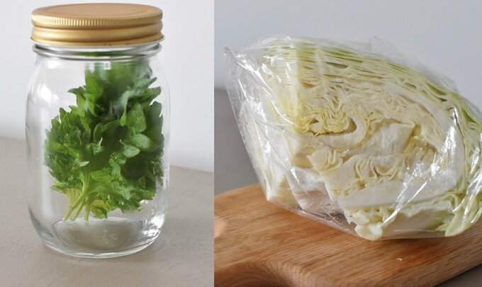 保存の工夫をした大葉とキャベツ