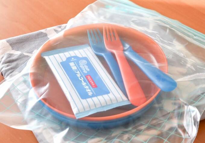 お皿とフォークと除菌シート