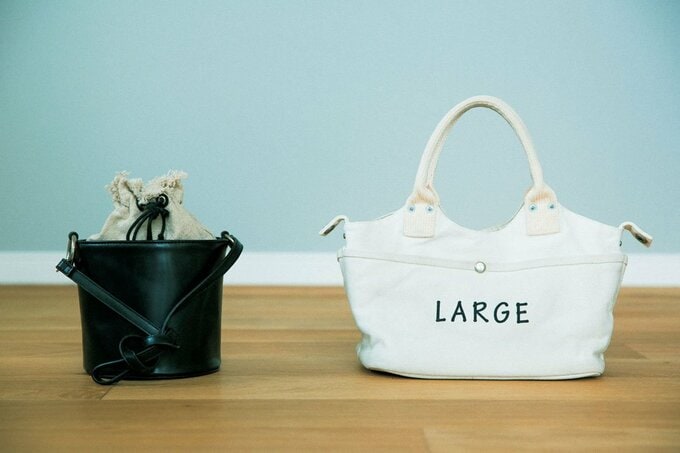 キャンパス素材のトートバッグと黒のバケツ型ミニバッグ