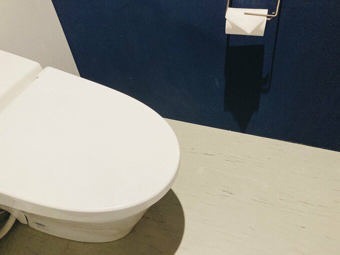 モルタル風のフロアタイルをはったトイレ