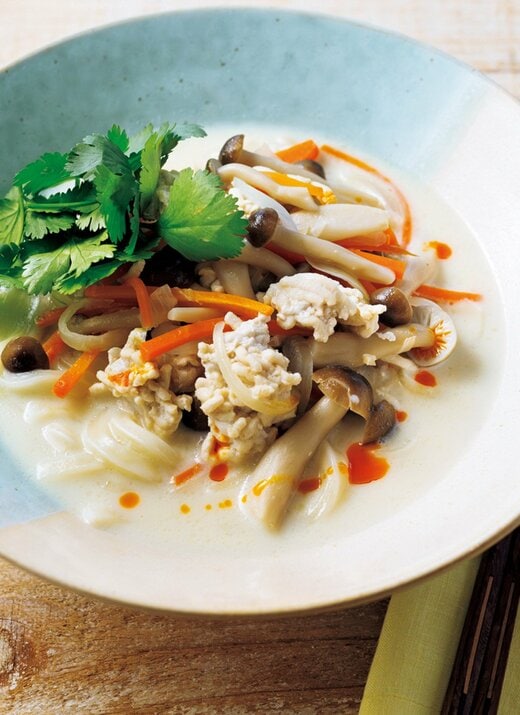 パクチーが添えられた豆乳鶏胸ひき肉うどん