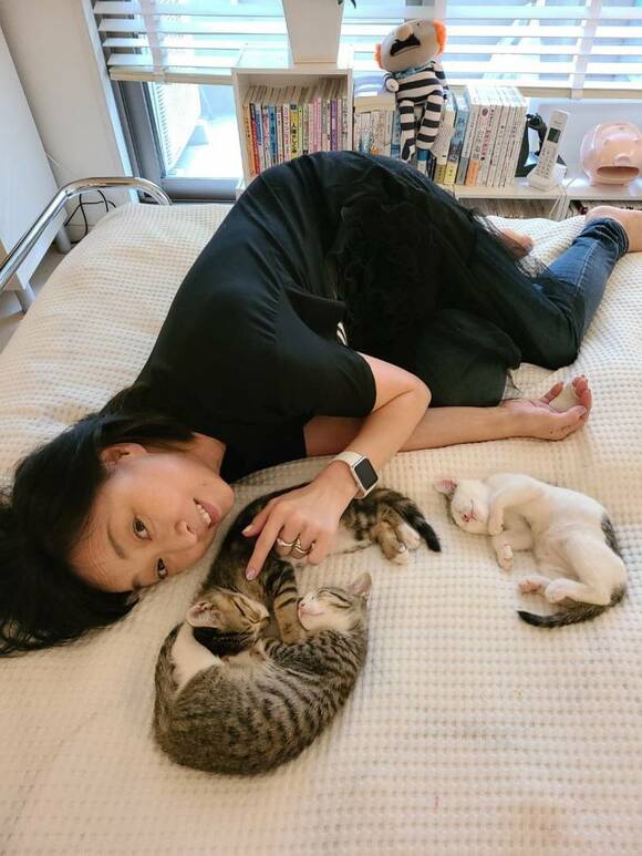 寝転ぶ猫と女性