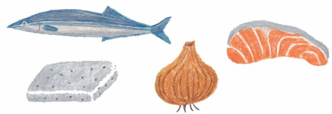 イラストタマネギやサケなど