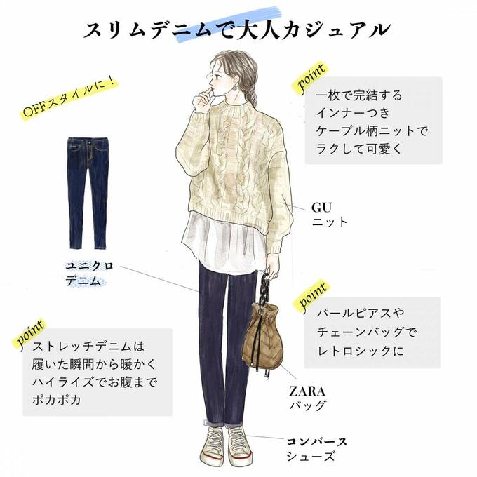 スリムデニムで大人カジュアル