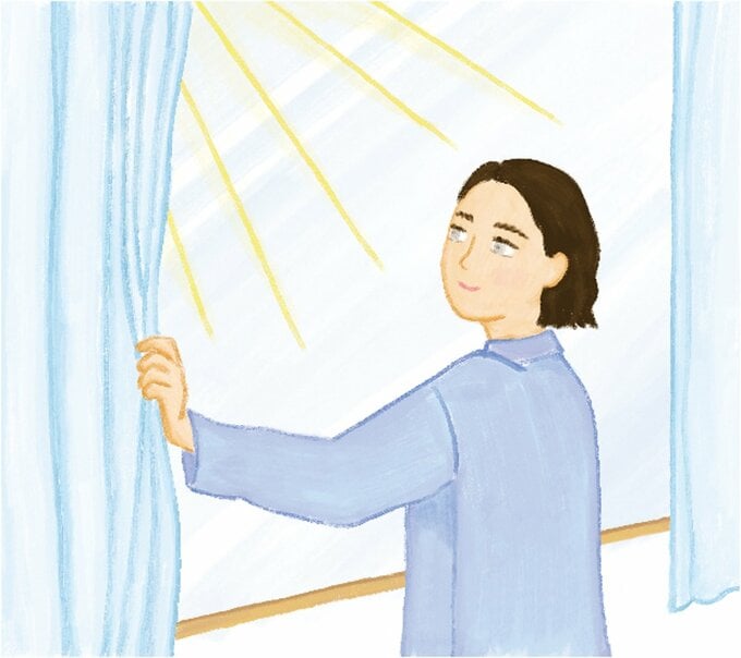 カーテンを開け日の光を浴びる女性のイラスト