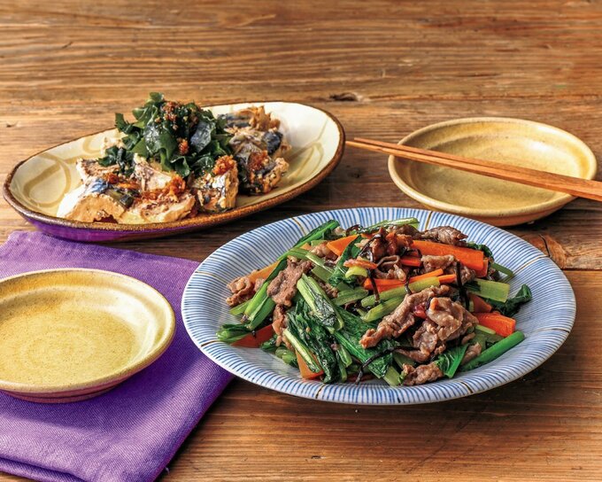 牛肉と小松菜の梅塩炒め