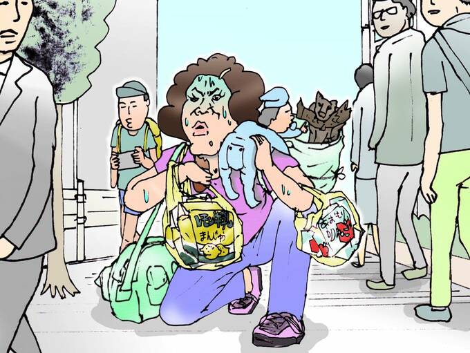 子どもとたくさんの荷物を抱える母親のイラスト