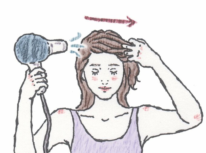 前髪を左右に持ってきてドライヤー