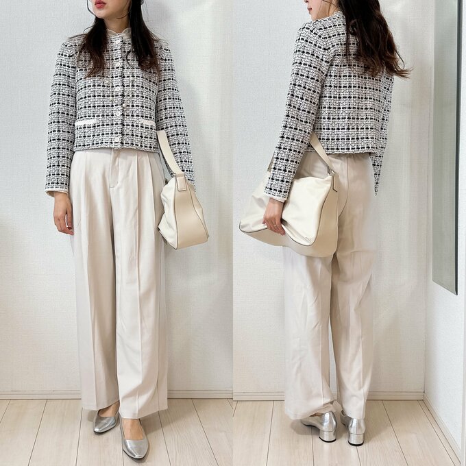 オフホワイトのパンツ合わせ