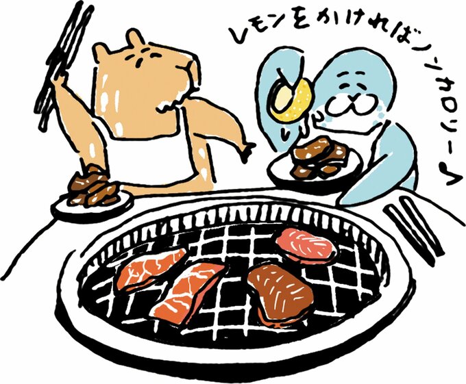 カピバラとアザラシが焼き肉を食べるイラスト